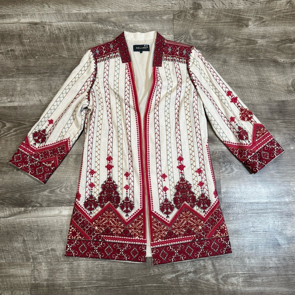 Lexy Embroidered Linen-Blend Coat by Kobi Halperin worn by Maggie Clarke